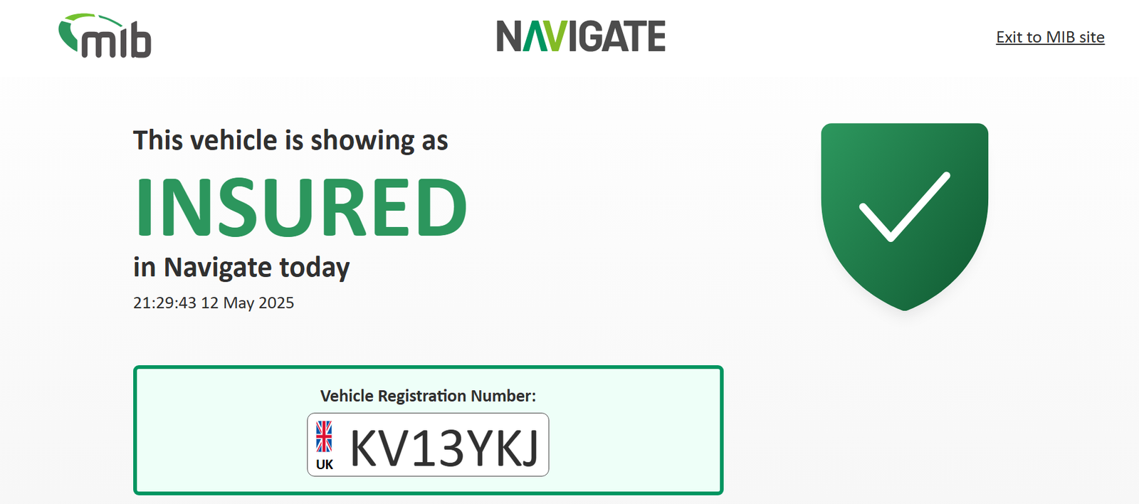 askMID insurance status result screen showing insured or uninsured